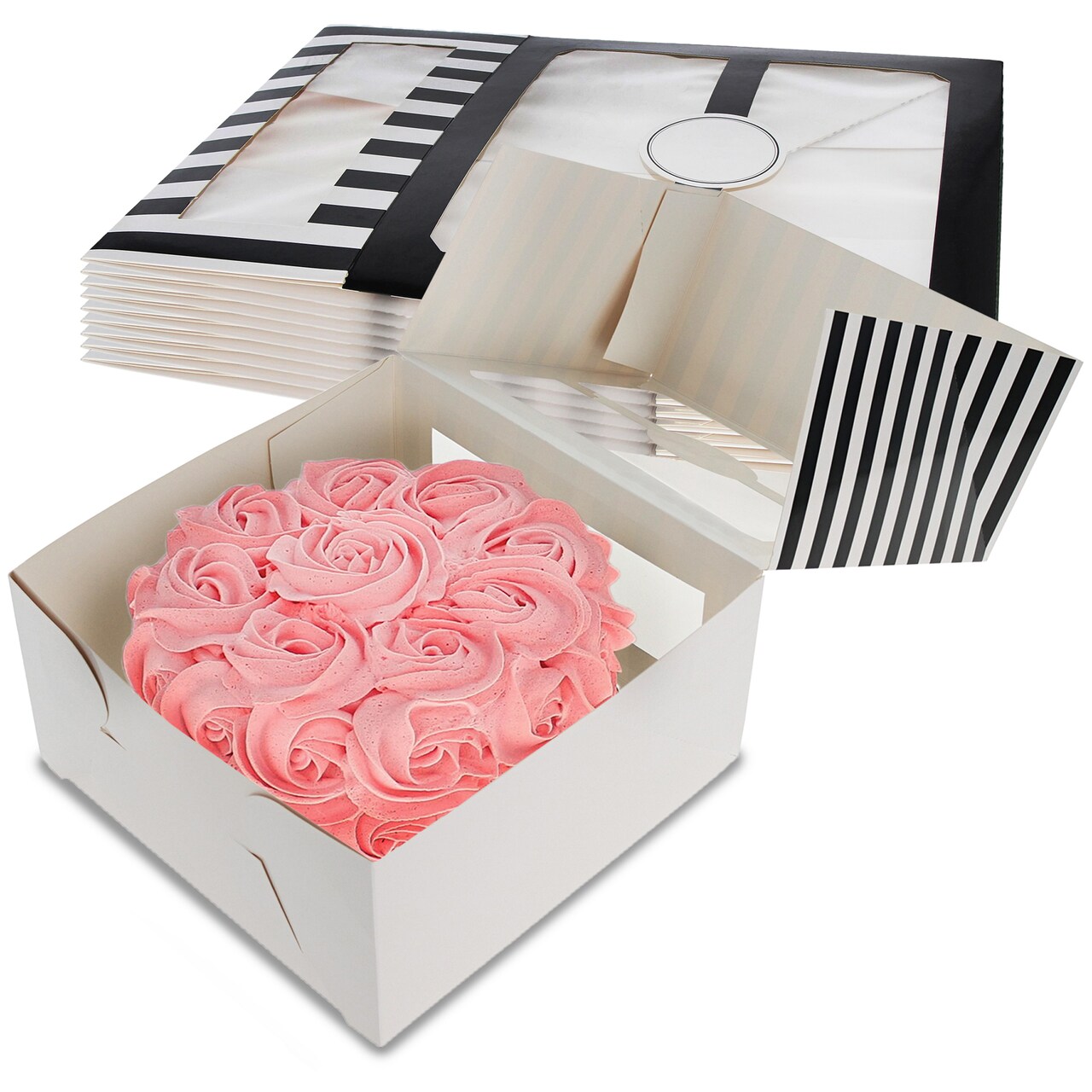Spec101 Cake Box 10pk - Striped Black or Pink Cake Boxes for Bakery Pastries